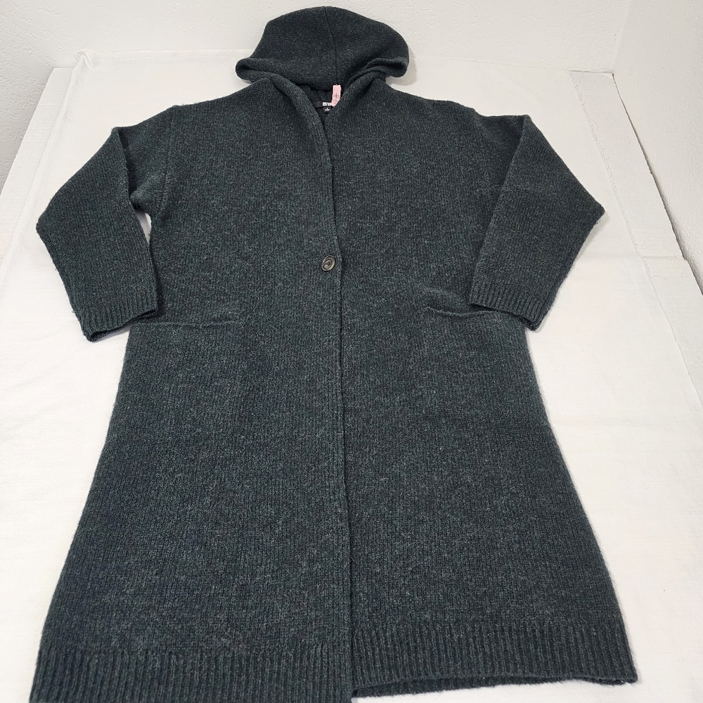 Uniqlo Coat Women's Small Melange Wool Hooded Knitted Dark Green